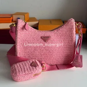 Prada Re-Edition 2005 Raffia Pink Bag Microchip